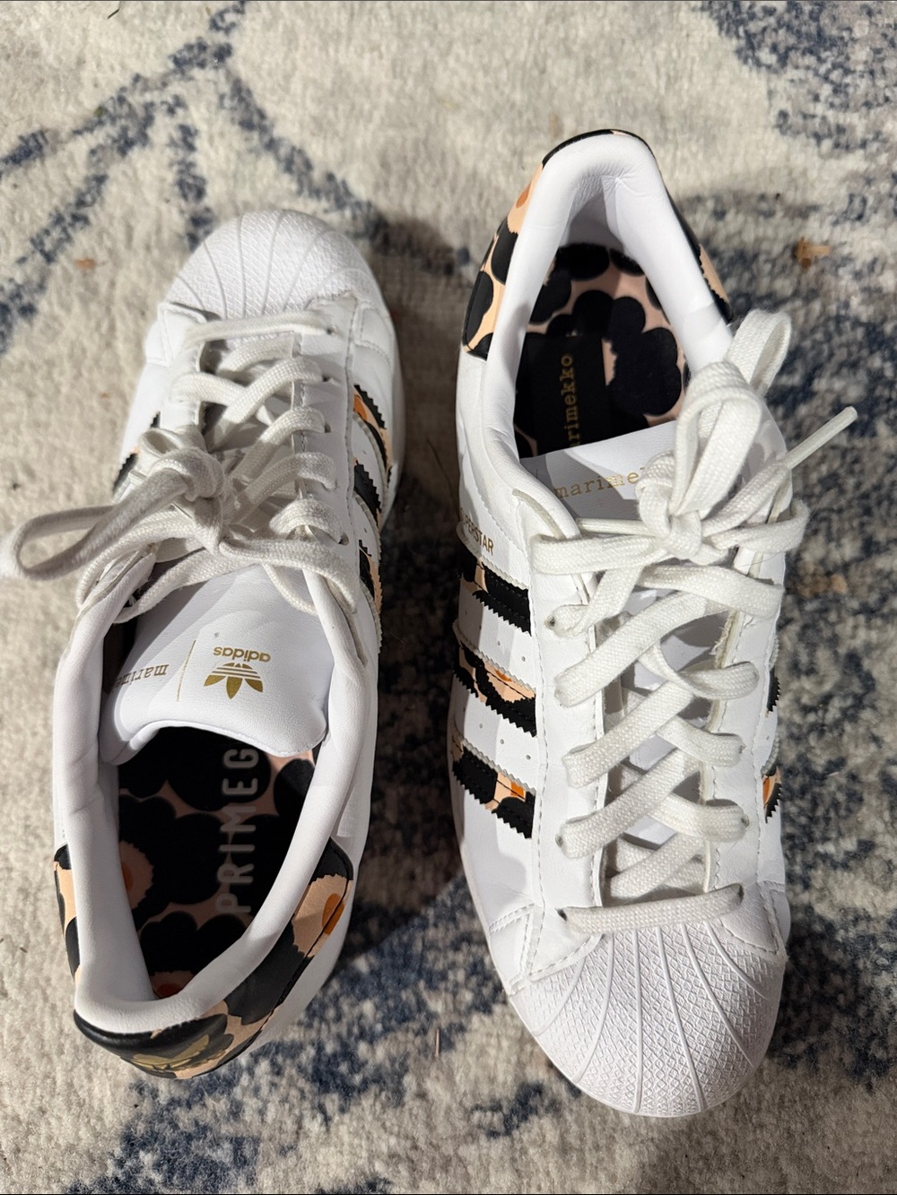 adidas Women's White Sneakers with Black Stripes and Peach cheetah print